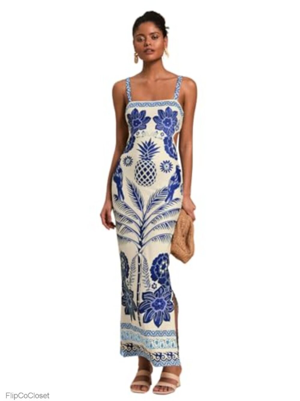 Sleeveless Tropical Maxi Dress with Tie Back & Split Hem